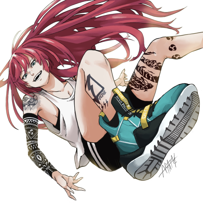 arm_tattoo armpits bare_shoulders black_shorts black_sports_bra blue_eyes dragon_tattoo english_text fang foot_out_of_frame green_footwear grin gym_shorts high_tops highres leg_tattoo lightning_bolt_symbol long_hair long_neck midair original peppsi_(saba_sabasuk0) redhead shoe_soles shorts shoulder_tattoo signature simple_background smile sports_bra tank_top tattoo very_long_hair white_background white_tank_top