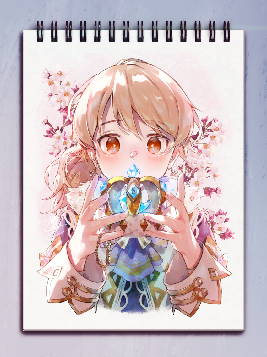 1girl ascot blonde_hair blush cherry_blossoms covered_mouth cropped_torso crown drawing highres holding holding_crown idolmaster idolmaster_cinderella_girls looking_at_object mini_crown morikubo_nono okeno_kamoku ponytail sketchbook solo upper_body wrist_cuffs