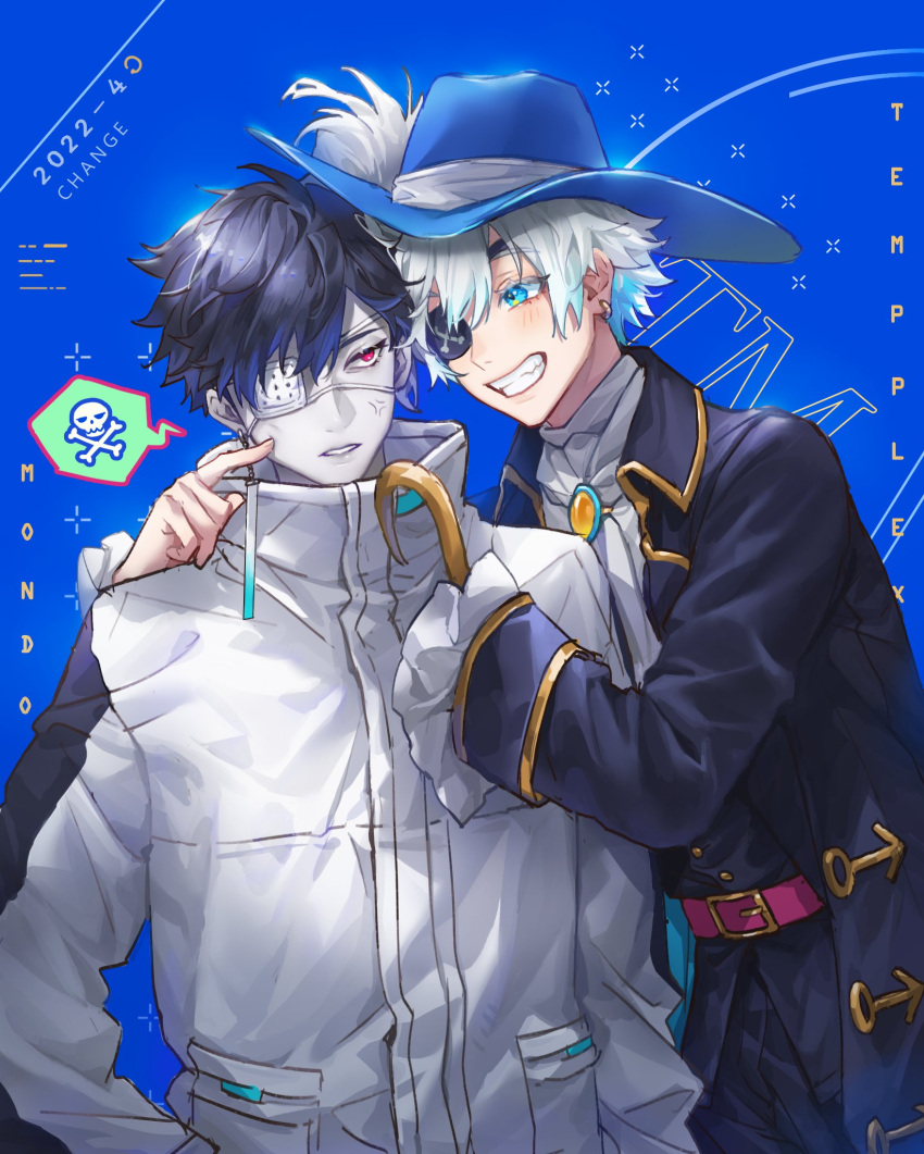 2boys annoyed ascot bangs black_hair black_jacket blue_eyes blue_hair character_name chinese_commentary colored_tips cosplay costume_switch crazy_raccoon eyepatch finger_to_another's_cheek highres hook_hand jacket male_focus mondo_(crazy_raccoon) mondo_(crazy_raccoon)_(cosplay) multicolored_hair multiple_boys nagy_(cindy32ok123) one_eye_covered reignite shirt skull_and_crossbones speech_bubble spoken_skull tempplex tempplex_(cosplay) white_ascot white_hair white_jacket white_shirt