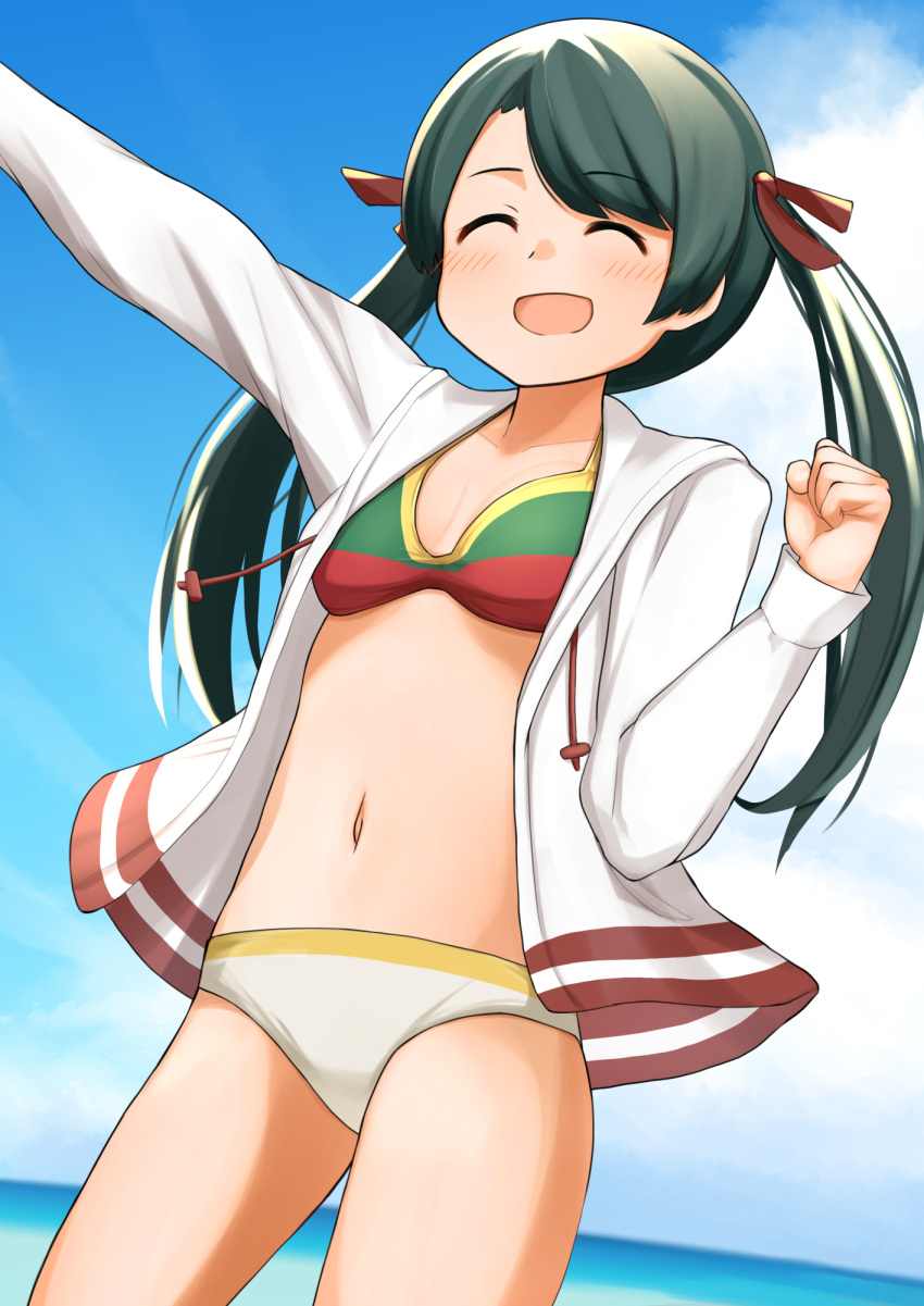 1girl alternate_breast_size arm_up beach bikini black_hair blue_sky breasts closed_eyes clouds commentary_request cowboy_shot day highres horizon jacket kantai_collection long_hair mikuma_(kancolle) mismatched_bikini open_mouth outdoors sky small_breasts smile solo standing swimsuit twintails white_jacket yotubawatane