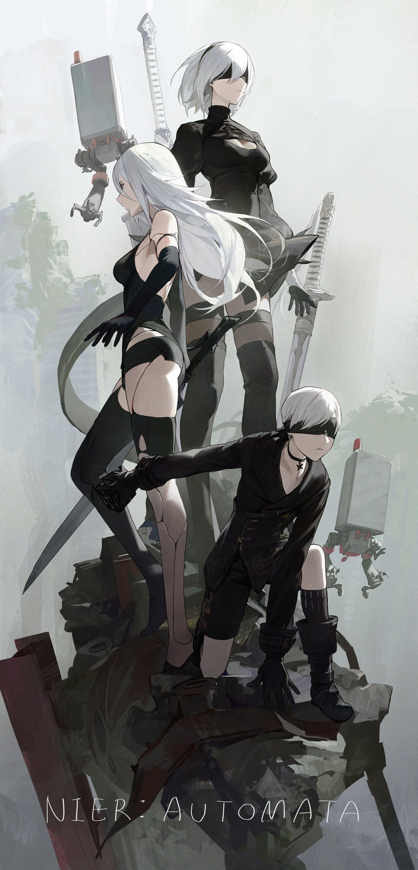 1boy 2girls absurdres android armlet black_blindfold black_dress black_gloves black_hairband blindfold blue_eyes boots cleavage_cutout clothing_cutout covered_eyes dress elbow_gloves feather-trimmed_sleeves gloves hairband high_heel_boots high_heels highres joints juliet_sleeves long_sleeves modare multiple_girls nier_(series) nier_automata pod_(nier_automata) puffy_sleeves robot_joints tank_top thigh-highs thigh_boots thighhighs_under_boots yorha_no._2_type_b yorha_no._9_type_s yorha_type_a_no._2