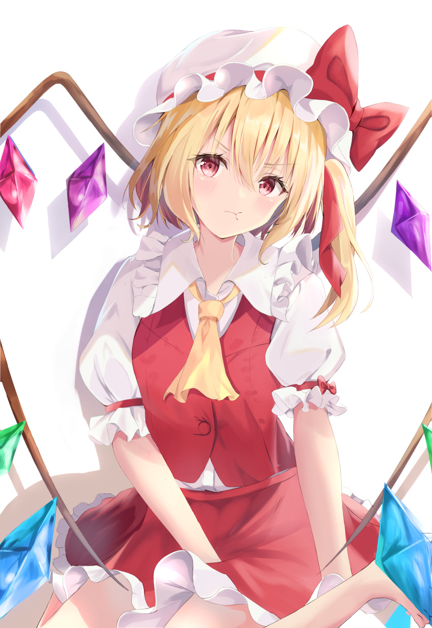 1girl absurdres ascot bangs barefoot blonde_hair bow breasts buttons closed_mouth collared_shirt commentary_request crystal eyebrows_visible_through_hair eyes_visible_through_hair flandre_scarlet frills hair_between_eyes hair_ribbon hat hat_bow highres jewelry looking_to_the_side medium_breasts mob_cap multicolored_wings one_side_up puffy_short_sleeves puffy_sleeves red_bow red_eyes red_ribbon red_skirt red_vest ribbon seiza shadow shirt short_hair short_sleeves simple_background sitting skirt solo touhou v-shaped_eyebrows vest vuiora white_background white_headwear white_shirt wings yellow_ascot