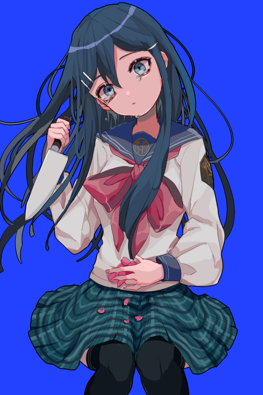 1girl absurdres bangs black_legwear blue_background blue_sailor_collar bow bowtie danganronpa:_trigger_happy_havoc danganronpa_(series) feet_out_of_frame green_eyes green_skirt grey_shirt hair_ornament hairclip hand_up highres hinata_(hnt_reexxxxx) holding holding_knife holding_weapon invisible_chair knife long_hair long_sleeves looking_at_viewer maizono_sayaka petals pink_bow pink_bowtie plaid plaid_skirt pleated_skirt sailor_collar shirt simple_background sitting skirt solo tears thigh-highs weapon