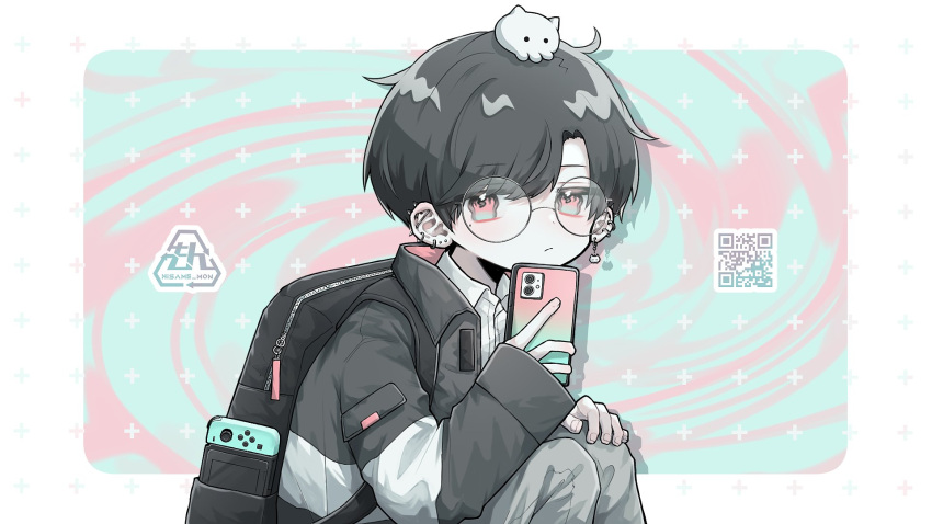 1boy backpack bag black_bag black_hair black_jacket collared_shirt ear_piercing earrings glasses gradient_eyes green_background green_eyes hand_on_own_knee highres hisame_mon holding holding_phone jacket jewelry knees_up long_sleeves looking_at_viewer male_focus mole multicolored_eyes nintendo_switch original phone piercing pink_background pink_eyes qr_code shirt short_hair sleeves_past_wrists solo twitter_username upper_body white_shirt