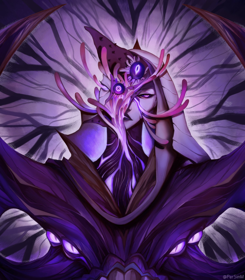 1girl artist_name bangs bel'veth colored_sclera creature extra_eyes glowing glowing_eyes highres league_of_legends looking_at_viewer persimm pink_eyes purple_sclera solo tagme tentacles upper_body