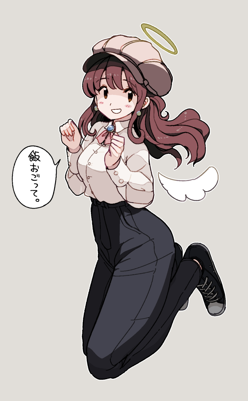1girl angel_wings arms_up ascot azumaya_toushirou bangs black_footwear black_legwear blush_stickers brooch brown_eyes brown_hair collared_shirt commentary_request converse feet_up flat_cap full_body grey_background grin halo hat high-waist_pants highres jewelry long_hair long_sleeves looking_at_viewer low_wings midair original pink_ascot shirt shoes sidelocks simple_background smile sneakers solo speech_bubble translation_request wavy_hair white_shirt white_wings wings