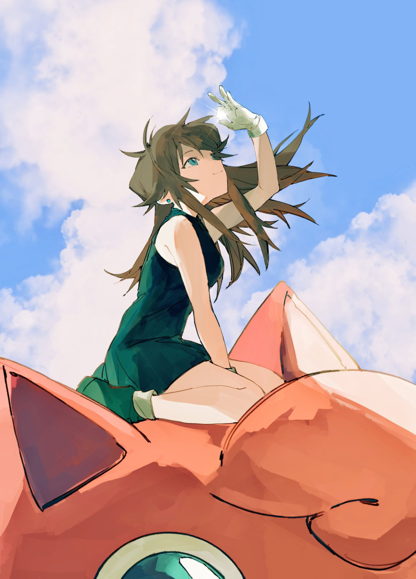 1girl bangs bare_arms between_legs black_dress blue_eyes boots brown_hair closed_mouth clouds commentary_request day dress earrings eyelashes gloves green_(pokemon) hand_between_legs highres jewelry jigglypuff long_hair outdoors pokemon pokemon_(creature) pokemon_adventures riding riding_pokemon sakanobo_(sushi1021) short_dress sky smile white_gloves