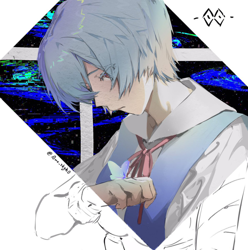 1girl abstract_background ame_(10286367) ayanami_rei bandaged_arm bandages bangs blue_hair bob_cut bug butterfly butterfly_on_hand closed_mouth commentary english_commentary eyebrows_visible_through_hair eyes_visible_through_hair glitch hand_up highres looking_at_animal looking_down neck_ribbon neon_genesis_evangelion partially_colored plugsuit red_eyes red_ribbon ribbon school_uniform shirt short_hair solo tokyo-3_middle_school_uniform twitter_username upper_body white_shirt
