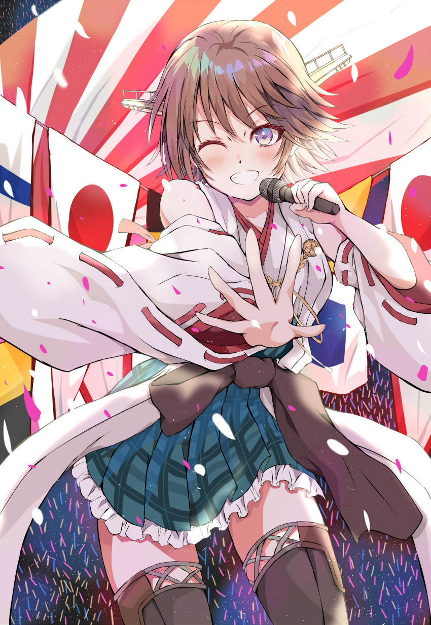 1girl absurdres black_legwear brown_hair commentary_request dairyo3 detached_sleeves flipped_hair frilled_skirt frills green_skirt grey_eyes grin hairband headgear hiei_(kancolle) highres japanese_flag kantai_collection looking_at_viewer microphone one_eye_closed plaid plaid_skirt ribbon-trimmed_sleeves ribbon_trim short_hair skirt smile solo string_of_flags sunburst sunburst_background