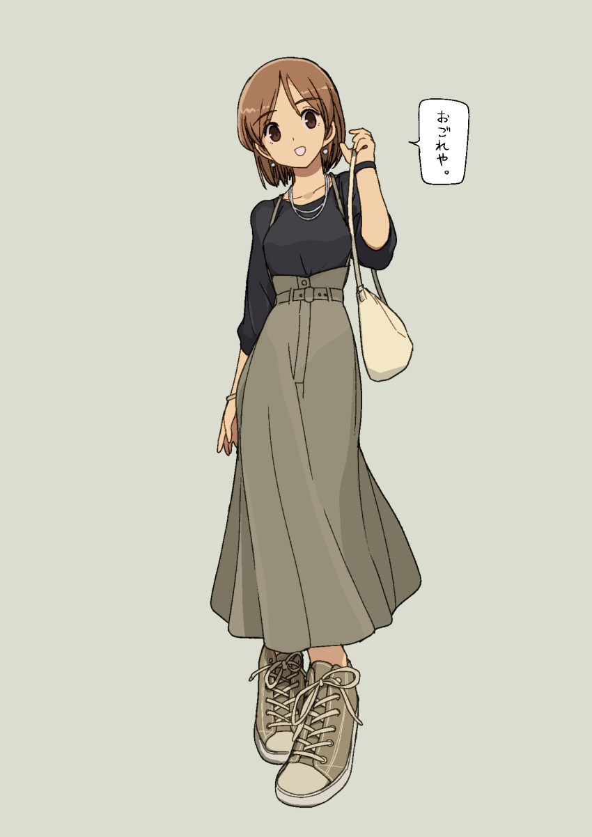 1girl azumaya_toushirou bag belt black_shirt blouse bob_cut bracelet brown_eyes brown_hair brown_skirt collarbone commentary_request converse earrings eyebrows_visible_through_hair full_body grey_background highres jewelry long_skirt looking_at_viewer necktie open_mouth original scoop_neck shirt shoes shoulder_bag simple_background skirt sneakers solo speech_bubble suspender_skirt suspenders translation_request