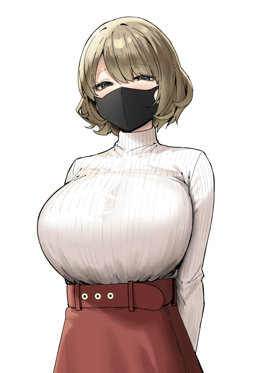 1girl arms_behind_back belt black_mask breasts brown_eyes brown_hair high-waist_skirt highres large_breasts long_sleeves looking_at_viewer mask mouth_mask original red_skirt ribbed_sweater short_hair skirt sky-freedom solo sweater turtleneck turtleneck_sweater white_sweater
