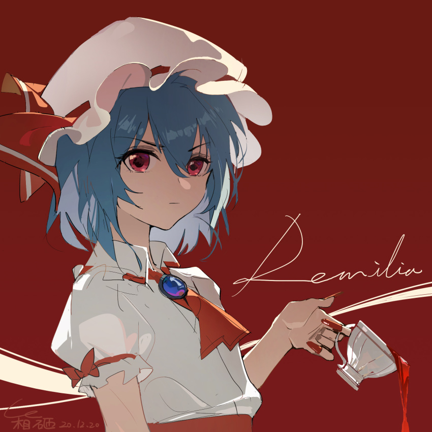 1girl :| ambiguous_red_liquid ascot blue_hair brooch character_name closed_mouth collared_shirt commentary cup dated fingernails from_side hair_between_eyes hako_(misheyes) hand_up hat hat_ribbon highres holding holding_cup jewelry long_fingernails looking_at_viewer looking_to_the_side medium_hair mob_cap puffy_short_sleeves puffy_sleeves red_ascot red_background red_eyes red_nails red_ribbon remilia_scarlet ribbon shirt short_sleeves signature simple_background solo spilling teacup touhou upper_body v-shaped_eyebrows white_headwear white_shirt