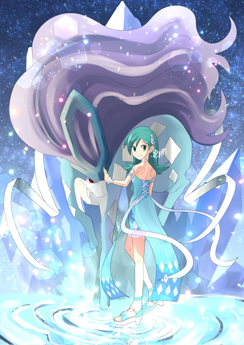 1girl aqua_dress aqua_eyes aqua_hair back bare_back bare_shoulders breasts choker collarbone commentary_request crystal dress erin_oekaki0803 from_side full_body hair_ornament halter_dress halterneck highres kris_(pokemon) looking_at_viewer medium_hair official_alternate_costume pokemon pokemon_(creature) pokemon_(game) pokemon_masters_ex ripples sandals shorts shorts_under_dress side_slit small_breasts standing standing_on_liquid starry_background suicune water wrist_cuffs