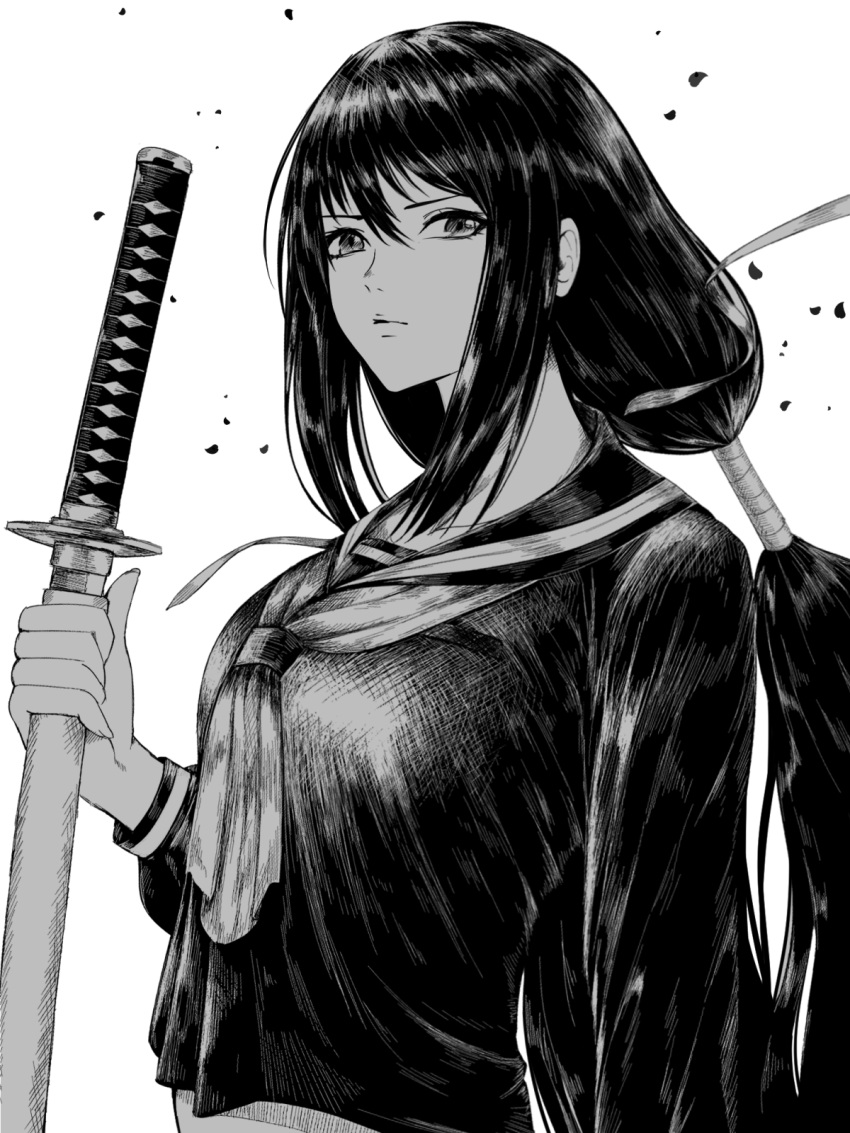 1girl bangs breasts collarbone commentary_request greyscale highres holding holding_sword holding_weapon katana long_hair looking_at_viewer low_twintails medium_breasts midriff monochrome neckerchief nyatokanyaru original sailor_collar sidelocks simple_background solo sword twintails upper_body very_long_hair weapon white_background