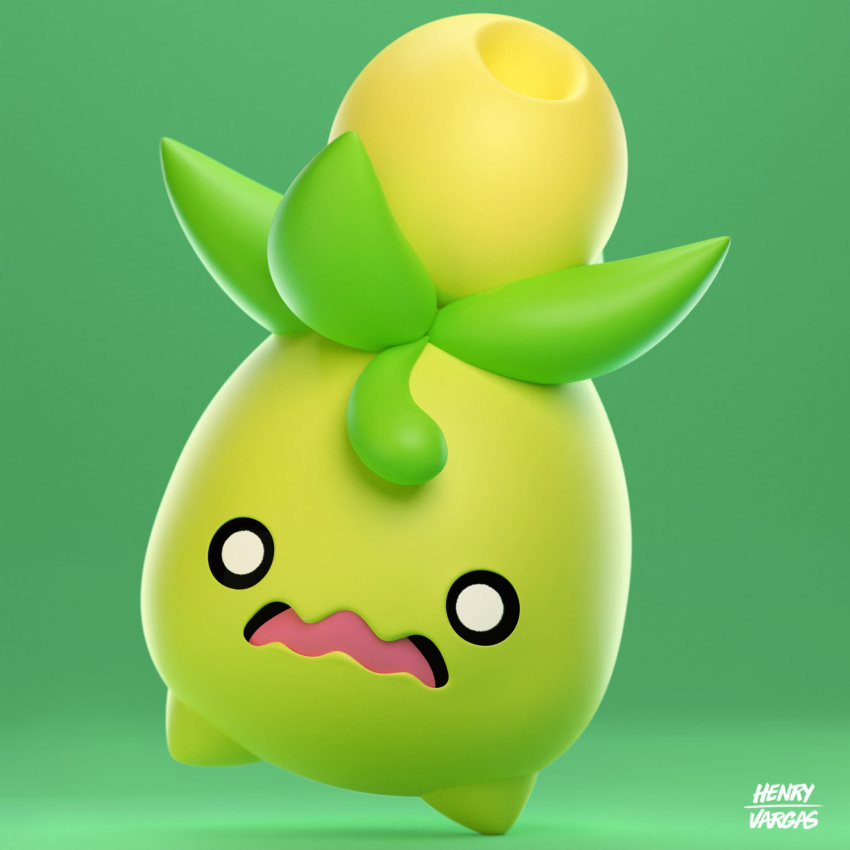 3d black_eyes gen_9_pokemon green_background henry_vargas no_humans olive open_mouth pokemon pokemon_(creature) pokemon_(game) pokemon_sv signature smoliv