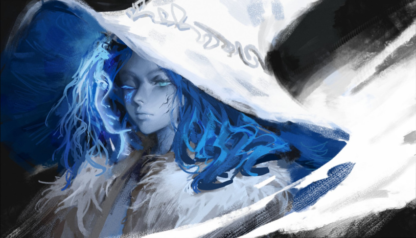 1girl blue_eyes blue_hair blue_headwear blue_theme closed_mouth crack cracked_skin elden_ring ennmatien fur_trim glowing half-closed_eyes hat highres light_blue_eyes long_hair multicolored_clothes one_eye_closed painterly ranni_the_witch solo two-tone_headwear upper_body white_headwear witch witch_hat