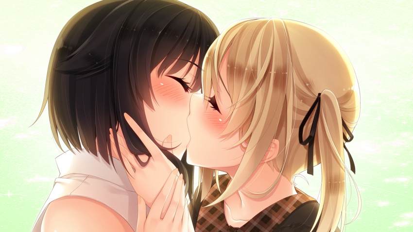 2girls black_hair blonde_hair blush closed_eyes clothing_request eyebrows_visible_through_hair face-to-face hair_ribbon hand_in_another's_hair hatachi himemishi_ruka kiss multiple_girls ne_no_kami ribbon sarume_shinonome short_hair yuri