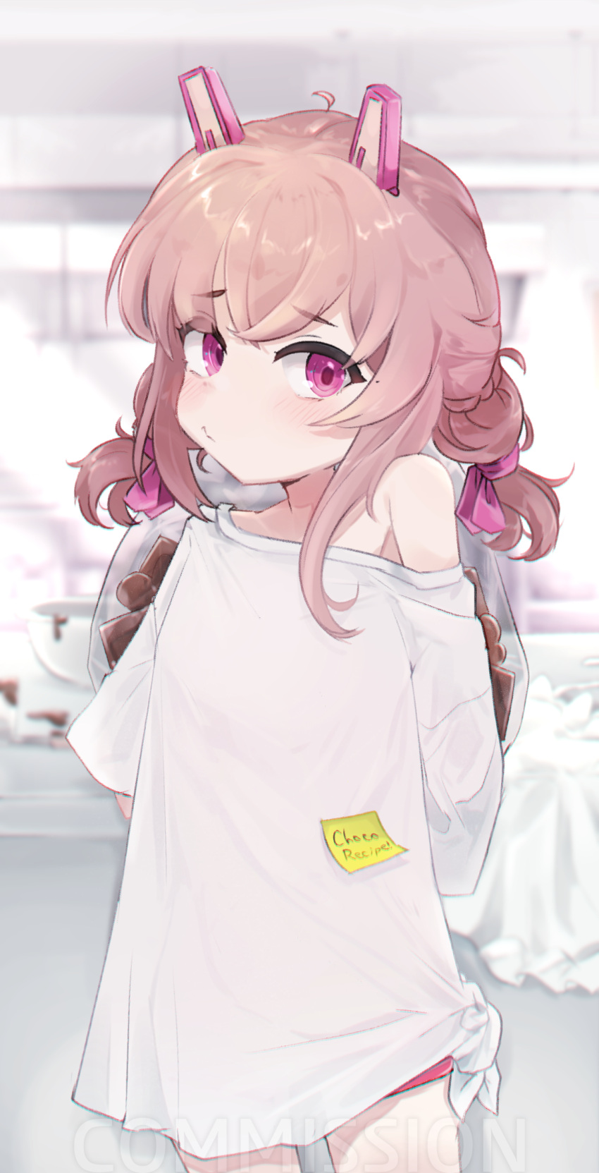 1girl ahoge bangs blush braid child chocolate ckwl123 english_text eyebrows_visible_through_hair highres last_origin miho_(last_origin) pink_eyes pink_hair shirt solo sticky_note tied_shirt twin_braids younger
