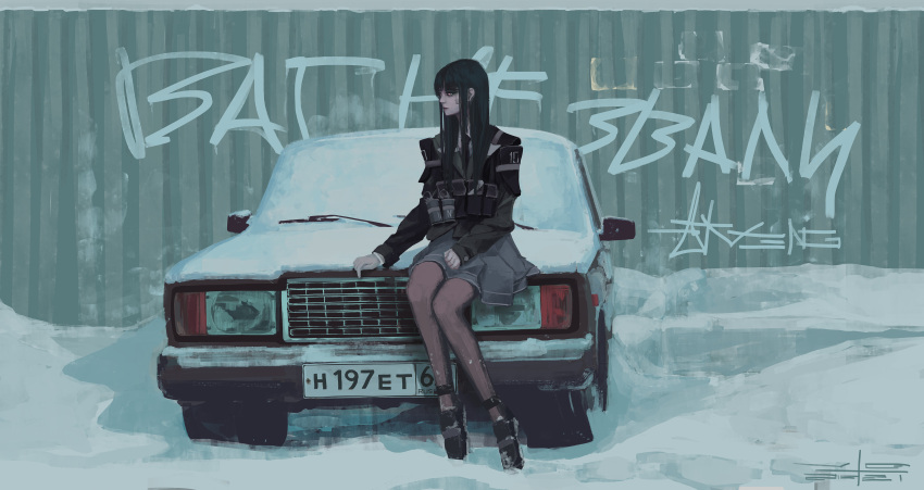 1girl absurdres black_hair black_jacket car full_body grey_skirt ground_vehicle high_heels highres jacket lada_2107 long_hair motor_vehicle original pantyhose russia russian_text sitting skirt snow solo venguard winter yellow_eyes