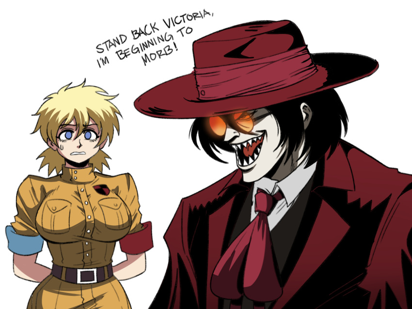 1boy 1girl alucard_(hellsing) ascot black_hair black_vest blonde_hair blue_eyes breasts brown_coat coat english_text hellsing highres it's_morbin'_time_(meme) large_breasts looking_at_another marvel meme morbius_(film) open_mouth red_ascot red_coat red_headwear round_eyewear seras_victoria sharp_teeth shirt short_hair short_sleeves simple_background smile teeth tina_fate upper_body vampire vest white_background white_shirt