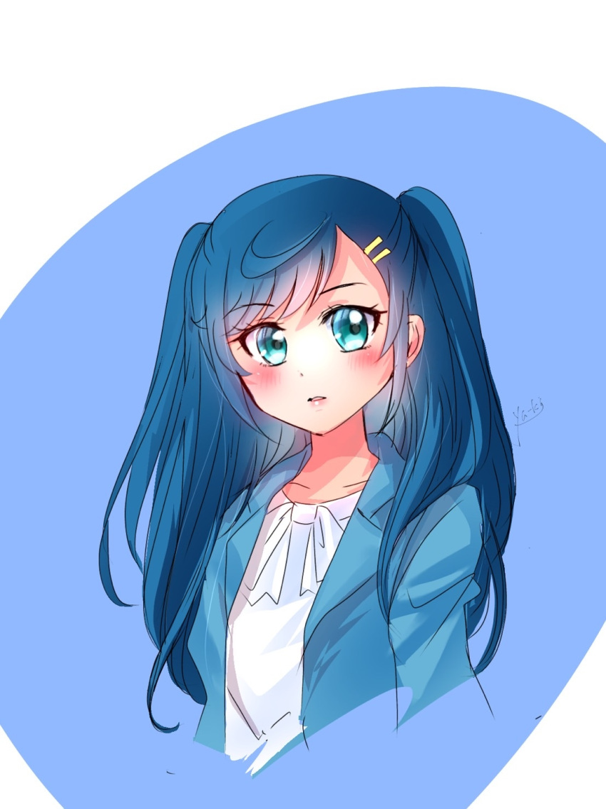 1girl alternate_hair_length alternate_hairstyle bangs blue_hair blue_jacket blush collarbone cropped_torso delicious_party_precure eyebrows_visible_through_hair fuwa_kokone green_eyes hair_ornament hairclip highres jacket long_hair looking_at_viewer manekineko5319 open_clothes open_jacket parted_lips precure shirt sketch solo swept_bangs twintails upper_body white_shirt