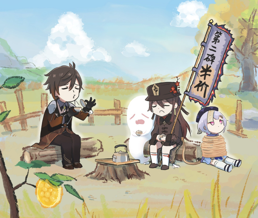 1boy 2girls blowing_on_food blue_sky bound brown_footwear brown_hair brown_pants brown_shirt chibi chinese_clothes chinese_text closed_eyes clouds cloudy_sky comedy cup genshin_impact ghost highres holding holding_cup hu_tao_(genshin_impact) kettle kneehighs log looking_afar mountainous_horizon multiple_girls outdoors pants pink_eyes qiqi_(genshin_impact) sad shirt short_hair sidelocks sitting sky teacup teapot thigh-highs tree_stump twintails white_legwear xinzoruo zhongli_(genshin_impact)