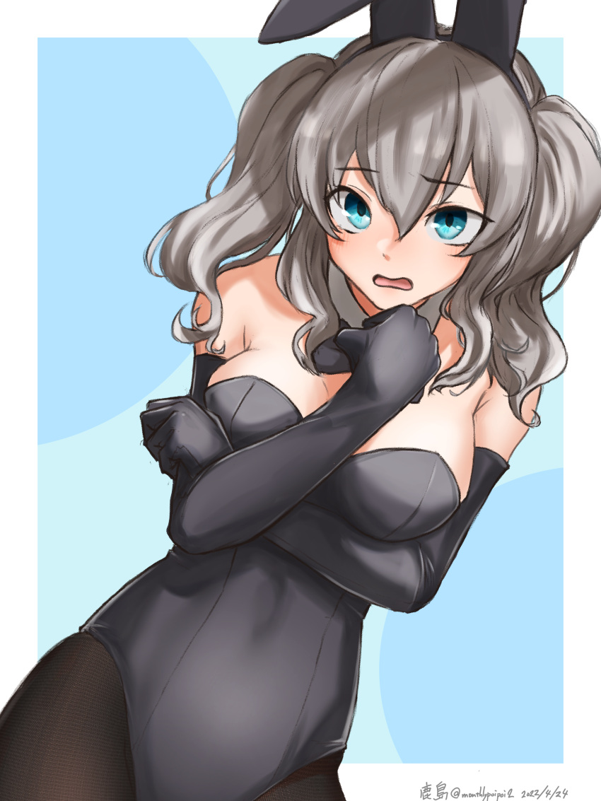 1girl absurdres animal_ears between_breasts black_gloves black_leotard blue_background blue_eyes breasts cowboy_shot crossed_arms dated detached_collar dutch_angle elbow_gloves embarrassed fake_animal_ears gloves grey_hair highres kantai_collection kashima_(kancolle) large_breasts leotard long_hair pantyhose playboy_bunny rabbit_ears solo strapless strapless_leotard twintails twitter_username two-tone_background umibudou wavy_hair white_background
