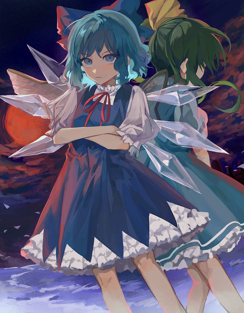 2girls absurdres aqua_dress back-to-back bangs blue_bow blue_dress blue_eyes blue_hair bow cirno clouds commentary_request crossed_arms daiyousei dress fairy_wings feet_out_of_frame from_behind green_hair hair_bow hair_ribbon highres ice ice_wings lake looking_at_viewer moon multiple_girls neck_ribbon one_side_up petticoat puffy_short_sleeves puffy_sleeves red_moon red_ribbon ribbon serious shirt short_hair short_sleeves touhou white_shirt wings yanfei_u yellow_ribbon