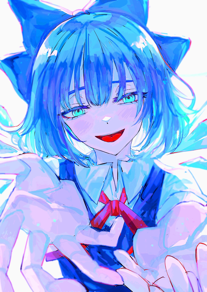 1girl absurdres arms_up bangs blue_bow blue_dress blue_eyes blue_hair blue_shirt blue_theme blush bow bowtie cirno collared_shirt commentary_request dress eyebrows_visible_through_hair hair_between_eyes hands_up highres ice ice_wings looking_at_viewer open_mouth puffy_short_sleeves puffy_sleeves red_bow red_bowtie rin_(rin7kan7) shirt short_hair short_sleeves simple_background smile solo standing teeth tongue touhou white_background wings