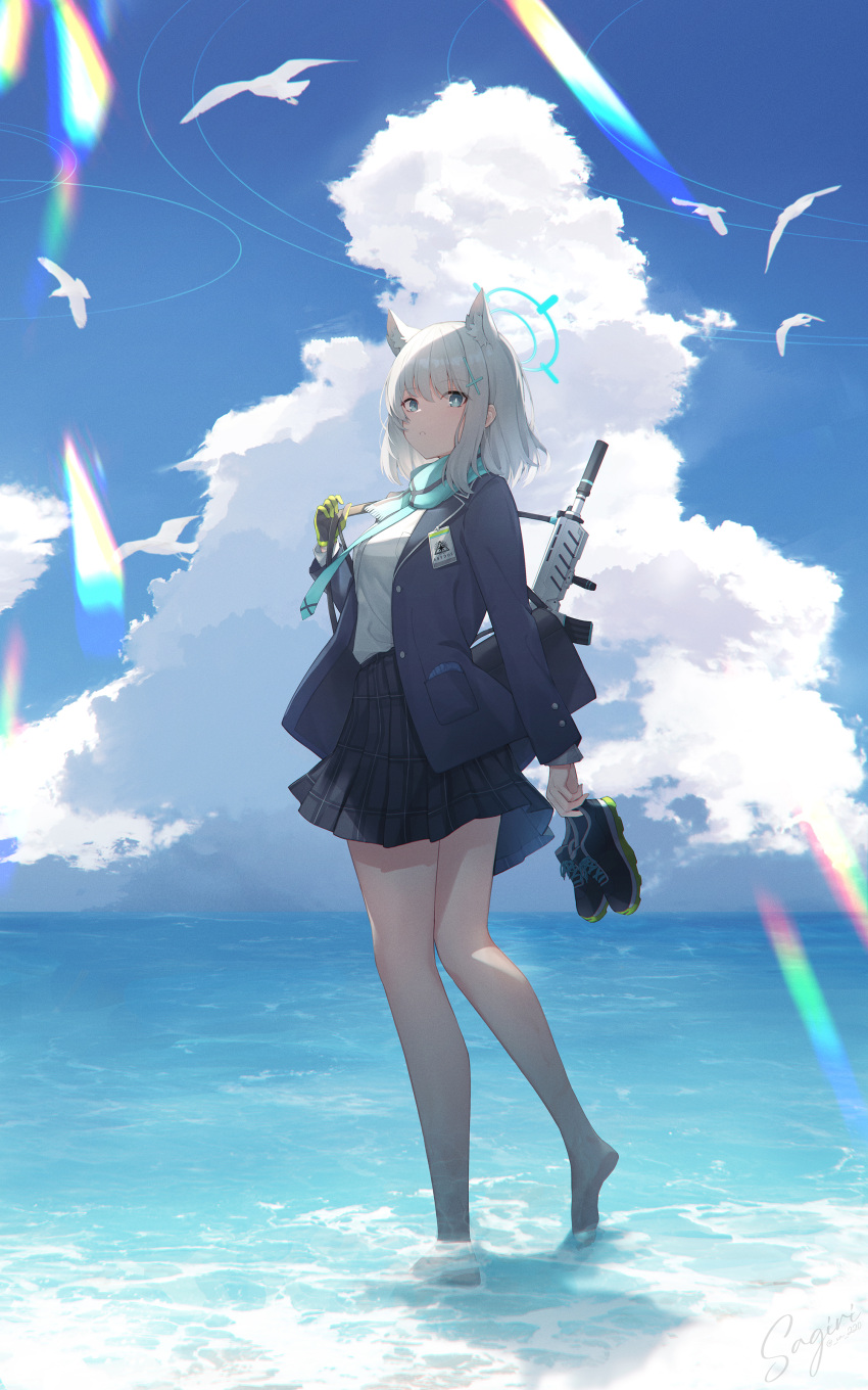1girl absurdres animal_ear_fluff assault_rifle bag bare_legs barefoot beach blue_archive blue_eyes blue_scarf clouds cross_hair_ornament gloves grey_hair gun hair_ornament halo highres holding holding_shoes long_sleeves looking_at_viewer mismatched_pupils ocean plaid plaid_skirt pleated_skirt rifle sagiri_(ulpha220) scarf school_bag school_uniform shiroko_(blue_archive) shoes shoes_removed sig_sauer_556 signature single_glove skirt sky solo summer weapon