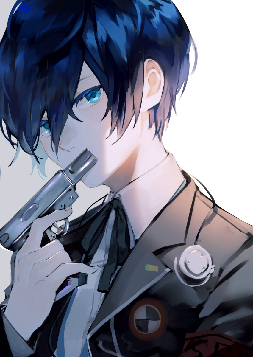 1boy bangs black_jacket black_ribbon blue_eyes blue_hair collared_shirt dress_shirt gekkoukan_high_school_uniform gun hair_between_eyes handgun highres holding holding_gun holding_weapon jacket long_sleeves lor_(roasyerizyonirapi) male_focus neck_ribbon open_clothes open_jacket persona persona_3 ribbon school_uniform shiny shiny_hair shirt short_hair solo upper_body weapon white_shirt wing_collar yuuki_makoto