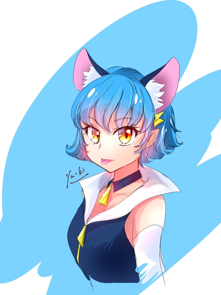 1girl alternate_hair_length alternate_hairstyle animal_ear_fluff animal_ears bangs blue_hair blue_jacket cat_ears collarbone cropped_torso detached_sleeves eyebrows_visible_through_hair highres jacket looking_at_viewer manekineko5319 pointy_ears precure short_hair sleeveless sleeveless_jacket solo star_twinkle_precure tongue tongue_out upper_body white_sleeves yellow_eyes yuni_(precure)