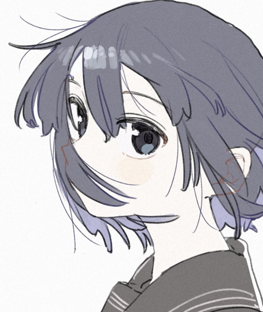 1girl black_eyes black_hair black_sailor_collar blush floating_hair from_side hair_between_eyes hair_over_mouth highres looking_at_viewer original sailor_collar short_hair simple_background sketch solo tenoo12 upper_body white_background