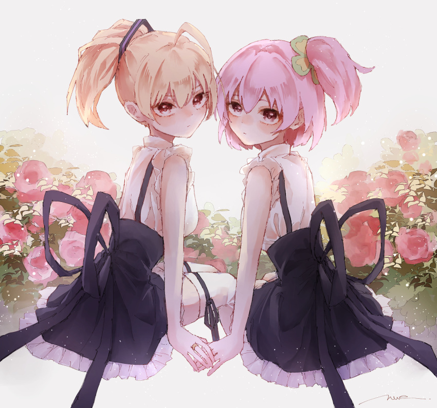 2girls absurdres ahoge amahara_nue andou_tazusa arm_at_side artist_name assault_lily bangs bare_arms black_ribbon black_skirt blonde_hair closed_mouth clover_hair_ornament collared_shirt commentary cropped_legs floral_background flower four-leaf_clover_hair_ornament frilled_shirt frilled_skirt frills from_behind grey_background hair_between_eyes hair_ornament hair_ribbon high-waist_skirt highres hitotsuyanagi_riri holding_hands invisible_chair jewelry leg_ribbon light_blush light_particles looking_at_viewer looking_back miniskirt multiple_girls one_side_up pink_eyes pink_flower pink_hair ponytail purple_ribbon red_eyes ribbon ring school_uniform shirt short_hair sitting skirt sleeveless sleeveless_shirt suspender_skirt suspenders thigh-highs two-tone_ribbon white_legwear white_shirt yurigaoka_girls_academy_school_uniform