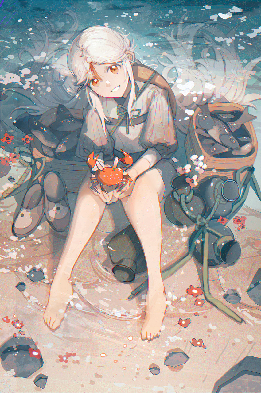 1girl :d absurdres animal bangs barefoot basket blonde_hair child chinese_commentary commentary_request crab female_child fish flower from_above full_body genshin_impact grey_shirt hair_tassel highres holding holding_animal knees_up long_hair looking_at_viewer looking_up ningguang_(genshin_impact) outdoors parted_bangs puffy_sleeves red_eyes red_flower rock sand shangjinyoukaixin shirt shoes shoes_removed shore sitting smile solo vase very_long_hair water younger