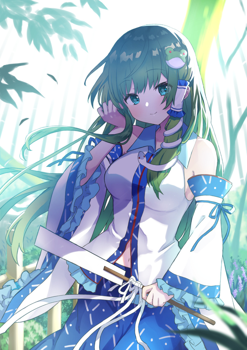1girl ahase_hino backlighting bangs bare_shoulders bloom blue_skirt breasts closed_mouth cowboy_shot day detached_sleeves eyebrows_visible_through_hair forest frog_hair_ornament gohei green_hair hair_ornament hair_tubes hand_up highres holding kochiya_sanae long_hair long_sleeves looking_at_viewer medium_breasts nature navel outdoors overexposure shirt skirt smile snake_hair_ornament solo standing touhou tree very_long_hair white_shirt wide_sleeves