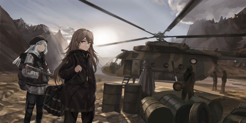2girls 4others absurdres aircraft assault_rifle beret black_coat blue_sky brown_eyes brown_hair clouds coat commentary_request drum_(container) girls_frontline green_eyes gun h&amp;k_hk416 hat helicopter highres hk416_(girls'_frontline) holding holding_gun holding_weapon long_hair looking_at_viewer multiple_girls multiple_others onebon outdoors rifle sky standing tire ump45_(girls'_frontline) weapon white_hair