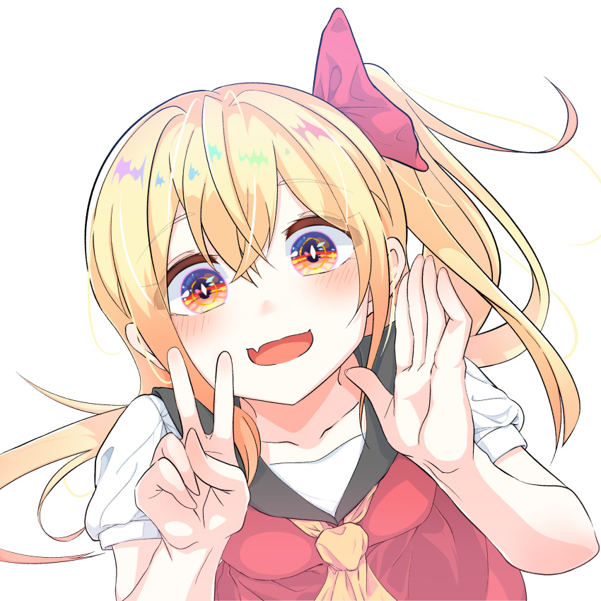 1girl :d absurdres bangs blonde_hair blush bow collarbone eyebrows_visible_through_hair fang flandre_scarlet from_above hair_between_eyes hair_bow hands_up highres kosinoba long_hair looking_at_viewer no_hat no_headwear no_wings one_side_up open_mouth sailor_collar shirt short_sleeves skin_fang smile solo symbol-shaped_pupils touhou upper_body v very_long_hair white_sailor_collar