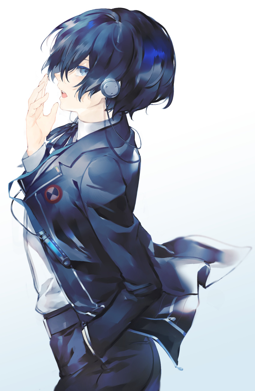 1boy bangs black_jacket black_pants black_ribbon blue_eyes blue_hair collared_shirt from_side gekkoukan_high_school_uniform hair_between_eyes hand_in_pocket highres jacket long_sleeves looking_at_viewer looking_to_the_side lor_(roasyerizyonirapi) male_focus neck_ribbon open_clothes open_jacket open_mouth pants persona persona_3 profile ribbon school_uniform shiny shiny_hair shirt short_hair solo standing white_shirt wing_collar yawning yuuki_makoto