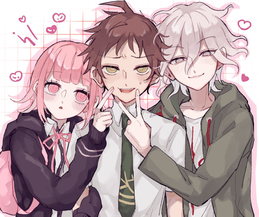 1girl 2boys :d :o ahoge backpack bag bangs black_jacket brown_eyes brown_hair collared_shirt danganronpa_(series) danganronpa_2:_goodbye_despair dress_shirt eyebrows_visible_through_hair green_jacket green_necktie grey_background grey_eyes grey_hair heart highres hinata_hajime hood hood_down jacket komaeda_nagito long_sleeves medium_hair multiple_boys nanami_chiaki neck_ribbon necktie open_clothes open_jacket open_mouth pink_bag pink_eyes pink_ribbon ribbon shiny shiny_hair shirt short_sleeves smile sweatdrop teeth upper_teeth v yumachansan