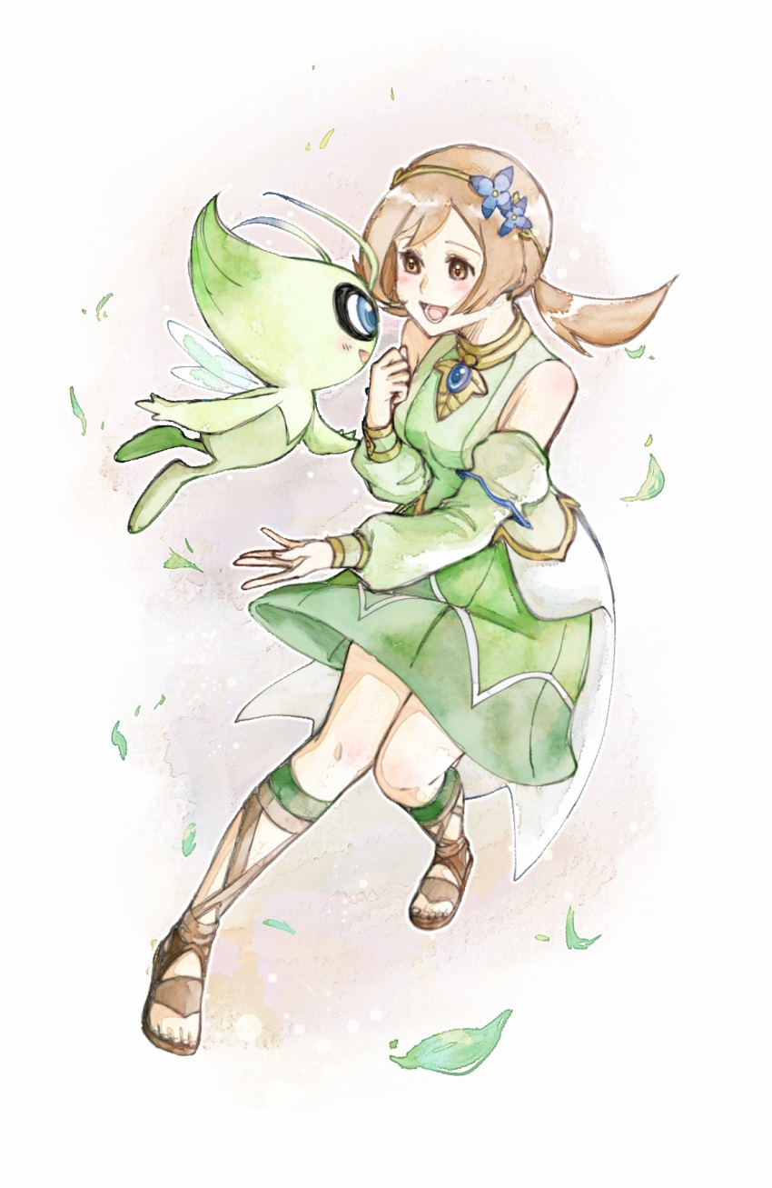 1girl :d asuka_rkgk bare_shoulders breasts brown_eyes brown_hair celebi commentary_request detached_sleeves dress flower full_body green_dress hair_flower hair_ornament hairband highres leaf looking_at_another low_twintails lyra_(pokemon) medium_breasts open_mouth pokemon pokemon_(creature) pokemon_(game) pokemon_masters_ex sandals short_twintails smile traditional_media twintails