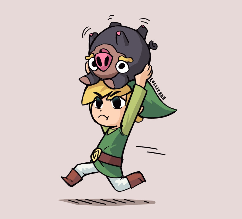 1boy black_eyes blonde_hair brown_footwear carrying_overhead crossover english_commentary frown full_body gen_9_pokemon green_headwear green_tunic hat highres lechonk link lollitree pig pointy_ears pokemon pokemon_(creature) running simple_background tan_background the_legend_of_zelda the_legend_of_zelda:_the_wind_waker toon_link