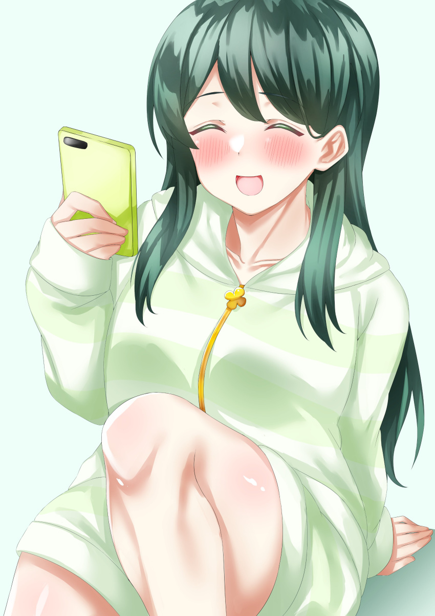 1girl :d absurdres blush cellphone closed_eyes facing_viewer highres holding holding_phone hood hood_down knee_up long_hair phone pontaname simple_background sitting smile solo sumi_suya virtual_youtuber