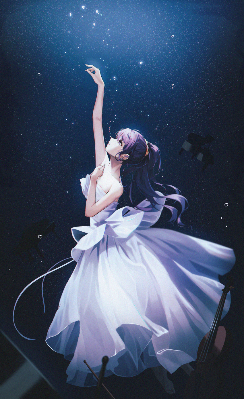 1girl absurdres air_bubble arm_up asahina_mafuyu bare_arms bare_shoulders barefoot bubble collarbone commentary_request dress from_side grand_piano highres hyonee instrument long_hair looking_away looking_up parted_lips piano ponytail profile project_sekai purple_hair solo strapless strapless_dress underwater very_long_hair violet_eyes violin water white_dress