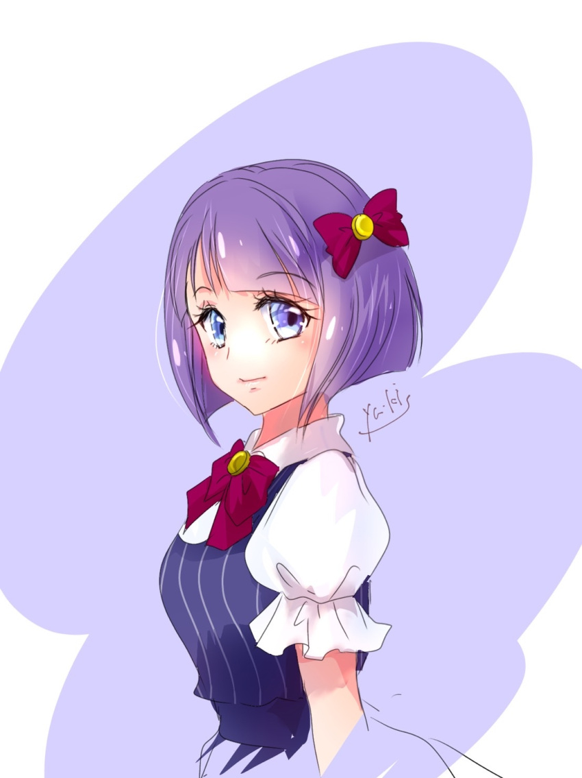 1girl alternate_hair_length alternate_hairstyle bangs blue_eyes bow bowtie closed_mouth cropped_torso eyebrows_visible_through_hair from_side hair_bow highres kaguya_madoka looking_at_viewer manekineko5319 precure purple_hair red_bow red_bowtie shiny shiny_hair short_hair short_sleeves smile solo star_twinkle_precure striped upper_body vertical_stripes