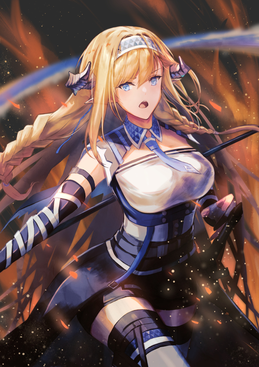 1girl absurdres arknights bangs bare_shoulders black_gloves blonde_hair blue_eyes blue_hairband blue_necktie braid breasts commentary_request elbow_gloves eyebrows_visible_through_hair gloves hairband highres horns large_breasts long_hair looking_at_viewer necktie open_mouth saileach_(arknights) shirt sleeveless sleeveless_shirt solo thigh-highs twin_braids very_long_hair white_shirt wn_(wani-noko)