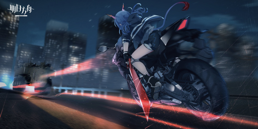 1girl absurdres arknights armored_personnel_carrier ass black_footwear black_gloves black_jacket black_shorts blue_hair boots building c4t_(c4t004) ch'en_(arknights) chasing city copyright_name dragon_girl dragon_horns dragon_tail full_body gloves ground_vehicle highres holding holding_sword holding_weapon horns jacket knee_boots light_particles long_hair low_twintails motor_vehicle motorcycle night open_clothes open_jacket outdoors riding road short_shorts short_sleeves shorts sitting solo street sword tail twintails weapon