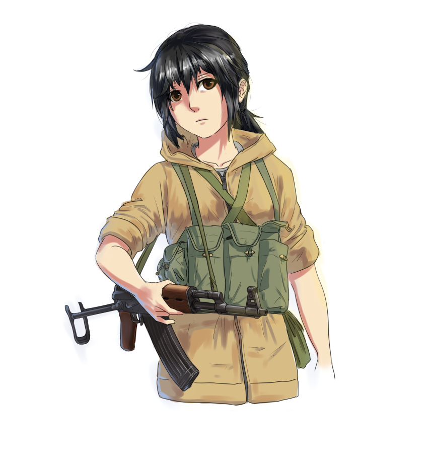 1girl assault_rifle bangs belt_pouch black_hair brown_eyes brown_jacket collarbone commentary_request cropped_torso green_bag gun highres holding holding_gun holding_weapon hood hooded_jacket jacket long_hair looking_at_viewer low_ponytail original ponytail pouch rifle sidelocks simple_background sleeves_rolled_up soldier solo tudou_jun upper_body weapon weapon_request white_background