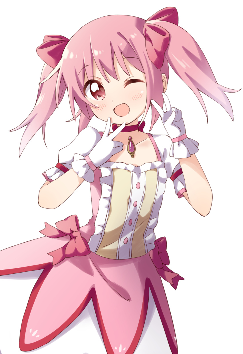 1girl bangs bow collar double_v dress dress_bow eyebrows_visible_through_hair gloves haru_(konomi_150) highres kaname_madoka looking_at_viewer mahou_shoujo_madoka_magica one_eye_closed open_mouth pink_bow pink_eyes pink_hair red_collar short_hair short_sleeves simple_background solo two_side_up v white_background white_gloves