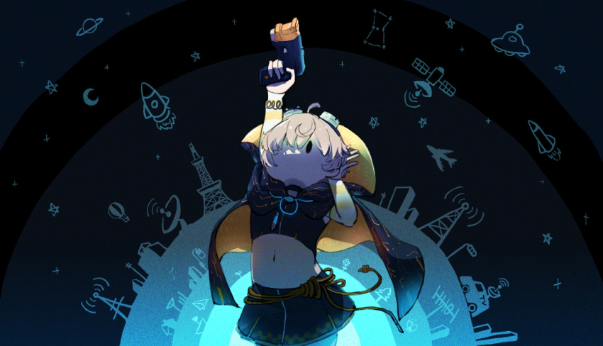 1girl ahoge aircraft airplane aqua_theme arm_behind_head arm_up bangs belt binary black_cloak black_tube_top checkered_clothes checkered_skirt circuit_board cloak commentary constellation cowboy_shot detached_sleeves goggles goggles_on_head grey_hair holding holding_weapon kashi_neko looking_up magia_record:_mahou_shoujo_madoka_magica_gaiden magical_girl mahou_shoujo_madoka_magica midriff miniskirt miwa_mitsune navel no_eyebrows no_mouth no_nose orange_cloak orange_sleeves pentagram rocket satellite satellite_dish short_hair skirt solo spring_(object) strapless striped_sleeves stun_gun swept_bangs tube tube_top two-sided_cloak two-sided_fabric ufo weapon